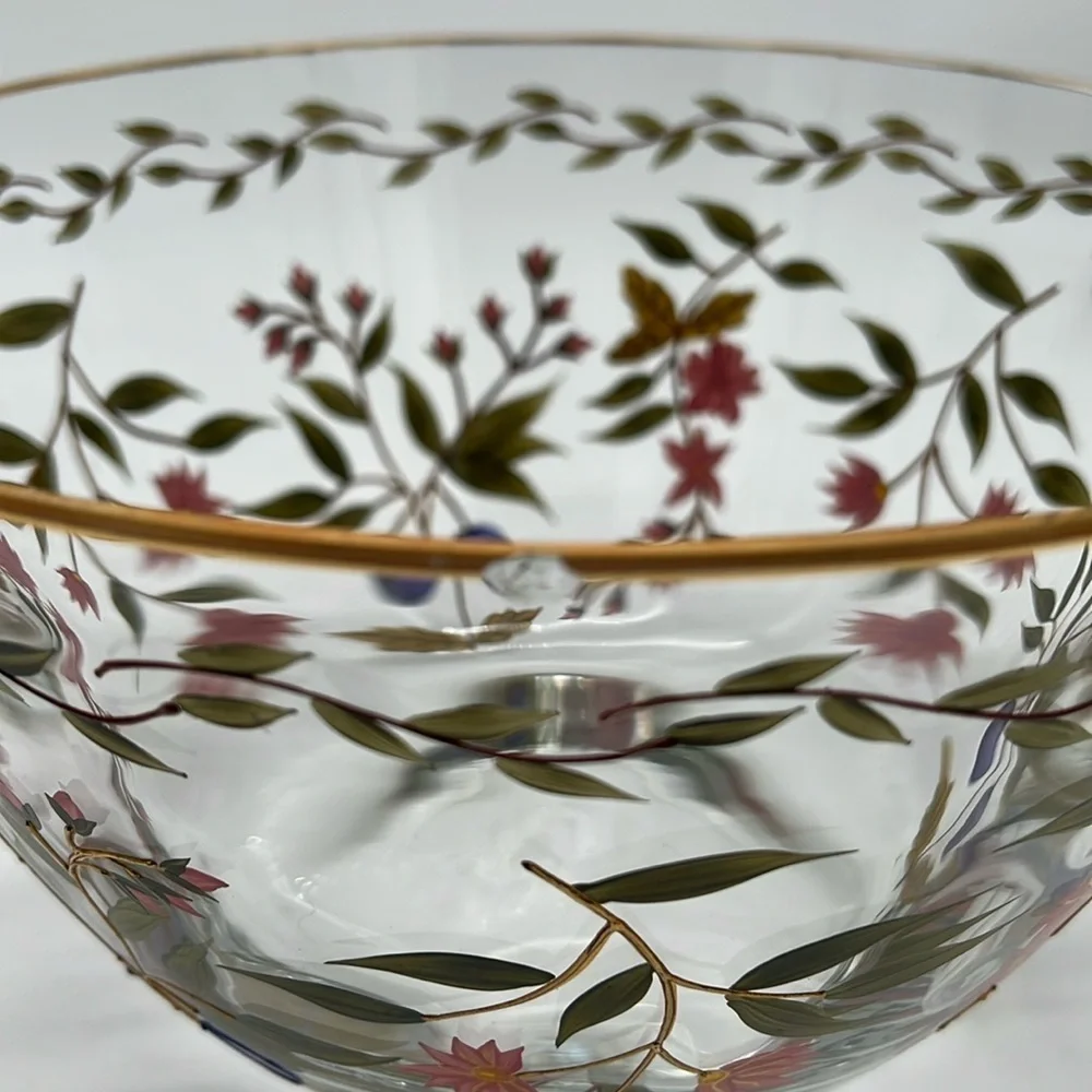 Crystal Clear Industries Hand Painted “Amelia” 11” Bowl With 22kt Gold Floral